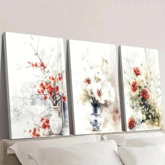 3pcs Plant and Flower Illustration in Vase Wall Art Set Canvas Framed 40x60cm - High Quality Print 100% Australian Made Wall Canvas Ready to Hang