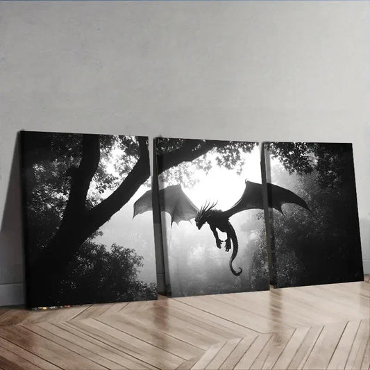 3pcs Dragons in the Sky Dark Fear Danger Wall Art Set Canvas Framed 40x60cm - High Quality Print 100% Australian Made Wall Canvas Ready to Hang