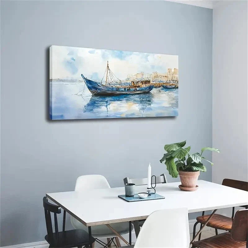 Blue Fishing Boat at Water Wall Art Canvas Office Home Room Framed 120x60cm