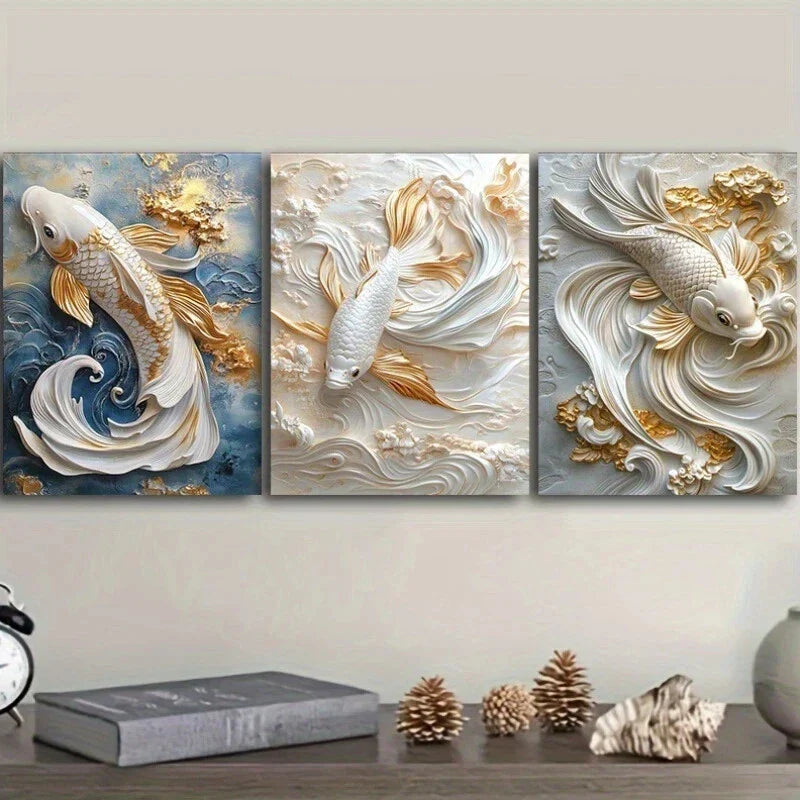 3pcs Goldfish in The Water Luxurious Textured Metal Print Ready to Hang Art