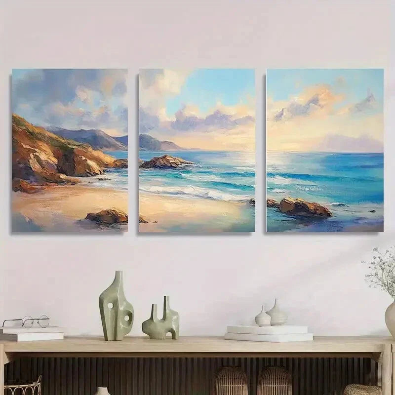 3pcs Tranquil Ocean Landscape with Rocks Metal Print Ready to Hang Art