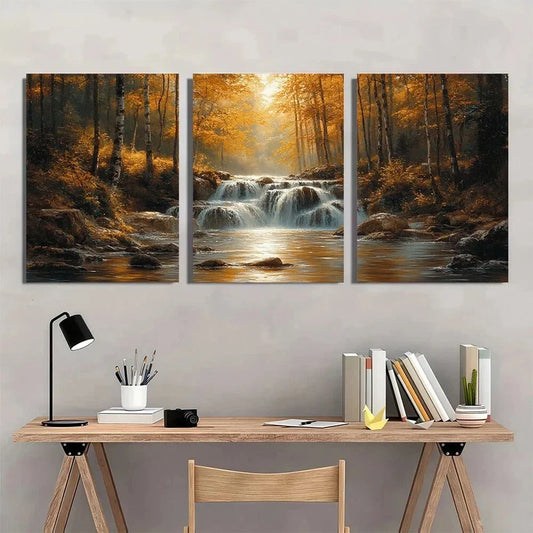 3pcs Forest Waterfall Sunlit Trees and Flowing Metal Print Ready to Hang Art