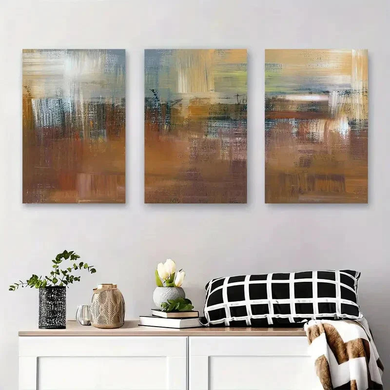 3pcs Abstract Landscape Earth Tones & Textured Metal Print Ready to Hang Art