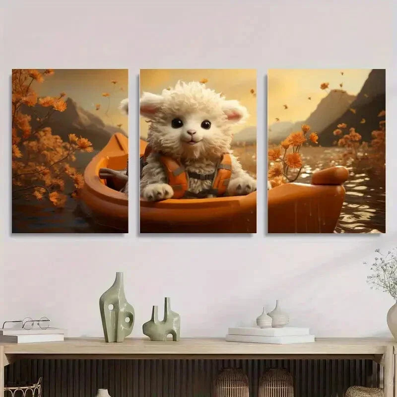 3pcs Whimsical Fall Foliage Scene with Orange Metal Print Ready to Hang Art