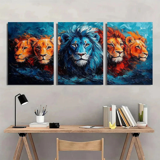 3pcs Abstract Animal Lion Family Metal Print Ready to Hang Art