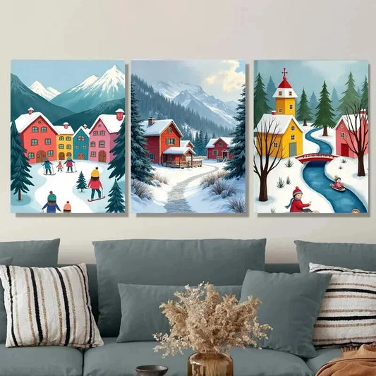 3pcs Village Triptych Vibrant Snowy Mountain Wall Art Set Canvas Framed 40x60cm - High Quality Print 100% Australian Made Wall Canvas Ready to Hang