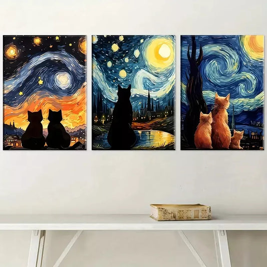 3pcs Modern Van Gogh Style Abstract Cat Wall Art Set Canvas Framed 40x60cm - High Quality Print 100% Australian Made Wall Canvas Ready to Hang