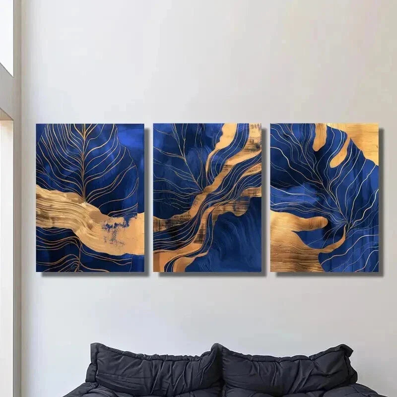 3pcs Blue and Golden Leaf and Turtle Design Wall Art Set Canvas Framed 40x60cm - High Quality Print 100% Australian Made Wall Canvas Ready to Hang