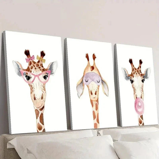 3pcs Giraffe Wearing Glasses Blowing Bubbles Wall Art Set Canvas Framed 40x60cm - High Quality Print 100% Australian Made Wall Canvas Ready to Hang