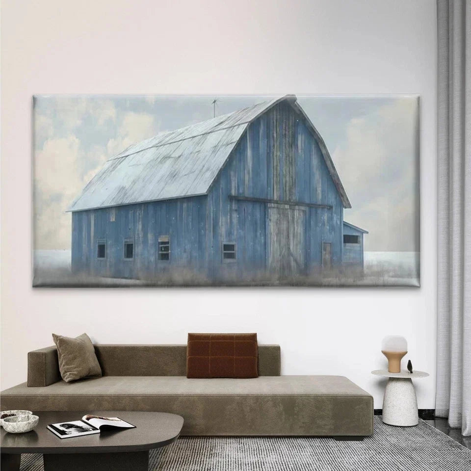 Rustic Blue Wooden Barn Wall Art Canvas Office Home Room Framed 80x45cm