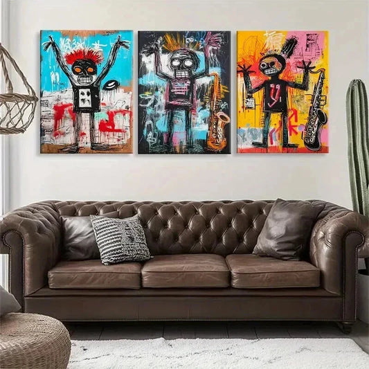 3pcs Colorful Skull Figures Saxophone Perfect Wall Art Set Canvas Framed 40x60cm - High Quality Print 100% Australian Made Wall Canvas Ready to Hang
