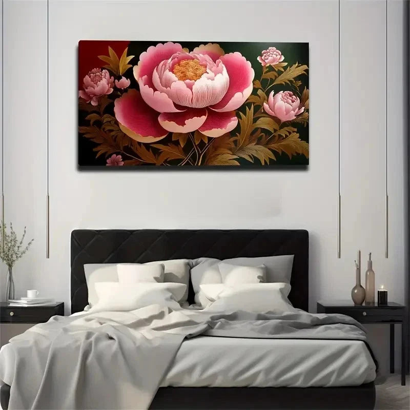 Atmospheric Peony Flowers Wall Art Canvas Office Home Room Framed 80x45cm
