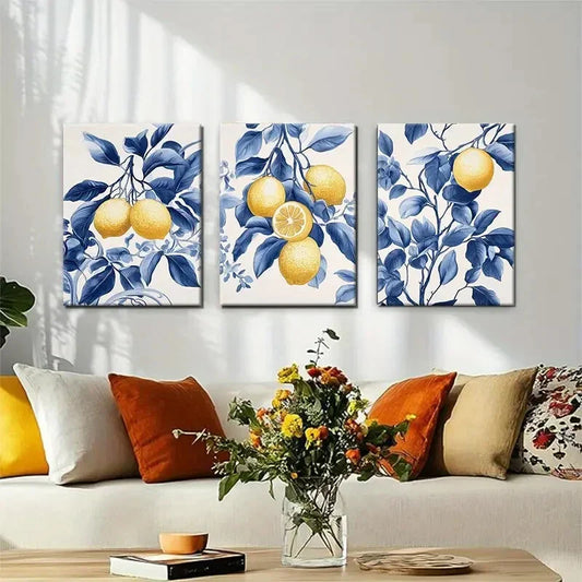 3pcs Lemon and Blue Leaf Yellow Lemon Perfect Wall Art Set Canvas Framed 40x60cm - High Quality Print 100% Australian Made Wall Canvas Ready to Hang