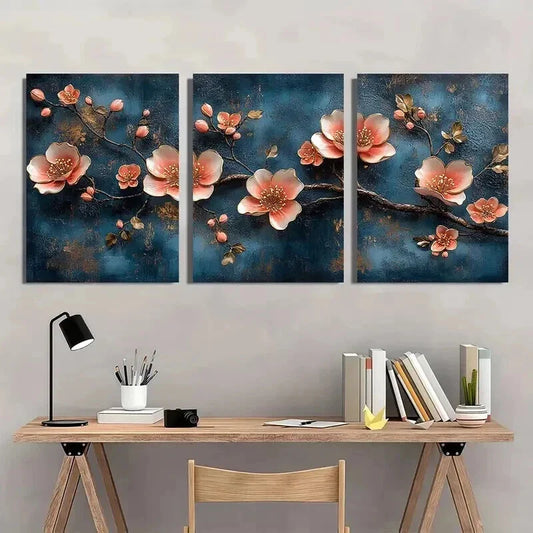 3pcs Elegant Blue And Jinse Huayuan Theme Wall Art Set Canvas Framed 40x60cm - High Quality Print 100% Australian Made Wall Canvas Ready to Hang