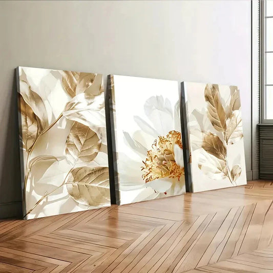 3pcs Modern Art Golden Leaf Floral Light Luxury Wall Art Set Canvas Framed 40x60cm - High Quality Print 100% Australian Made Wall Canvas Ready to Hang