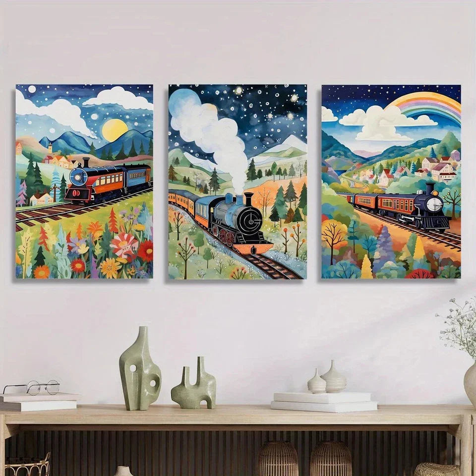 3pcs Beautiful Train Fields Cartoon Metal Print Ready to Hang Art