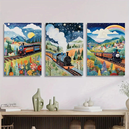 3pcs Beautiful Train Fields Cartoon Metal Print Ready to Hang Art
