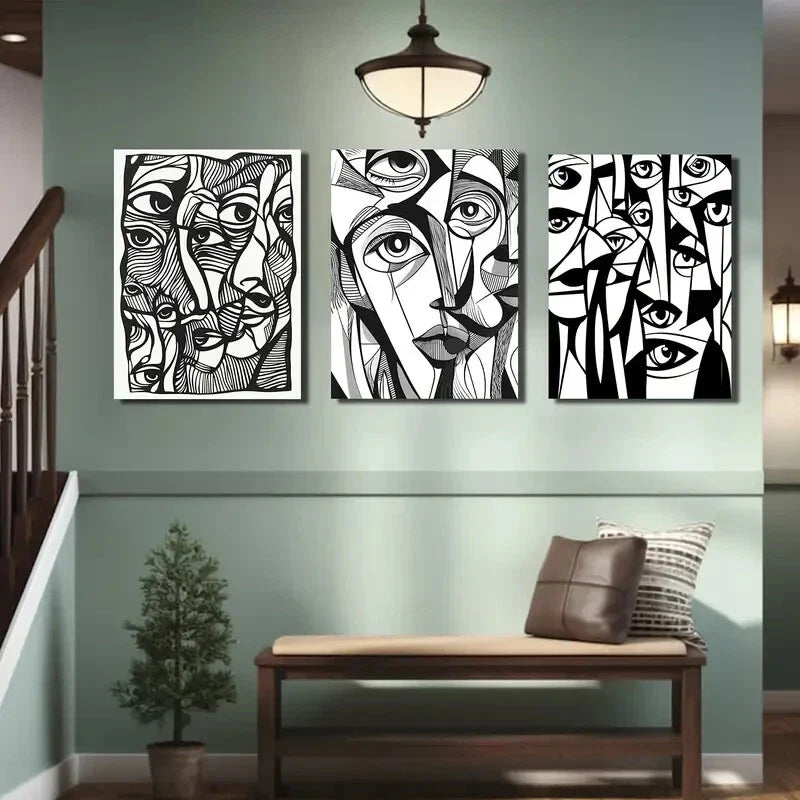 3pcs Abstract Humanist Black and White Metal Print Ready to Hang Art