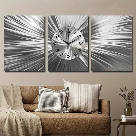 3pcs Unique Silver Wall Clock Abstract Design Metal Print Ready to Hang Art