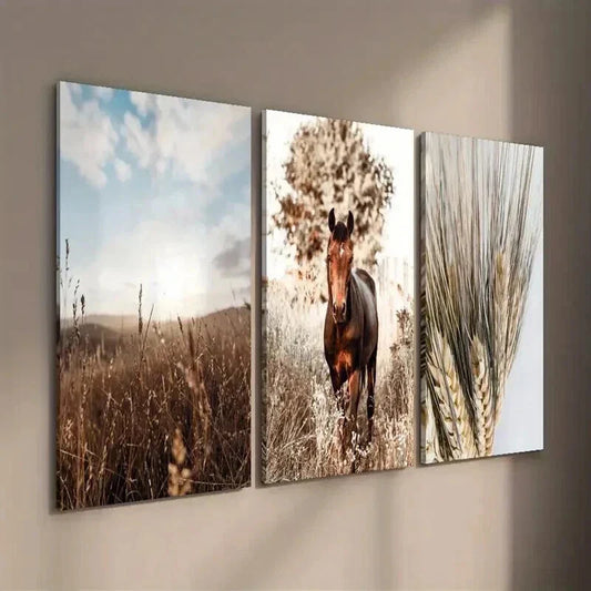 3pcs Brown Horse Western Bohemian Decor Wall Art Set Canvas Framed 40x60cm - High Quality Print 100% Australian Made Wall Canvas Ready to Hang