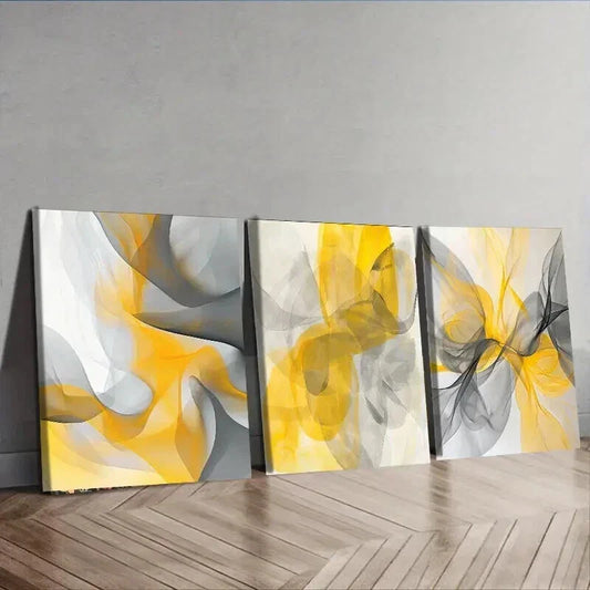 3pcs Abstract Shapes In Yellow And Gray Wall Art Set Canvas Framed 40x60cm - High Quality Print 100% Australian Made Wall Canvas Ready to Hang