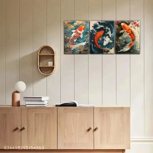 3pcs Vibrant Koi Fish Pond Contemporary Scenes Metal Print Ready to Hang Art