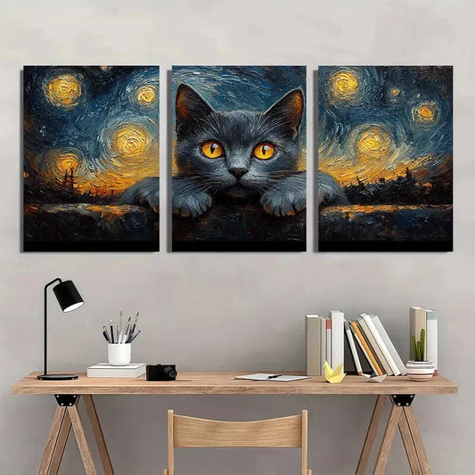 3pcs Stunning Gray Cat Yellow Starry Night Sky Metal Print Ready to Hang Art