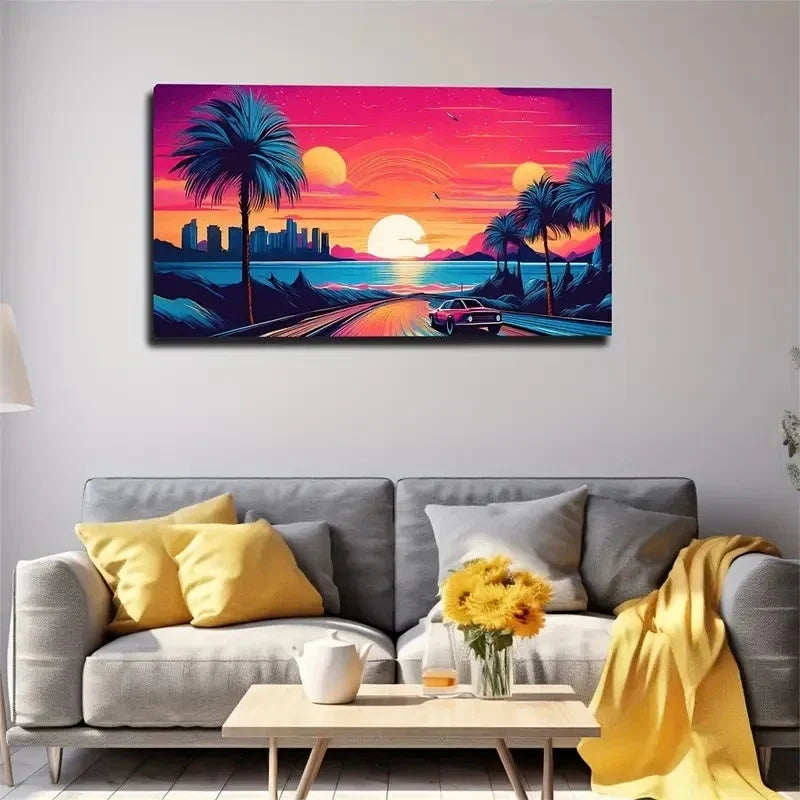 Deep Road Sunset And Car Wall Art Canvas Office Home Room Framed 120x60cm