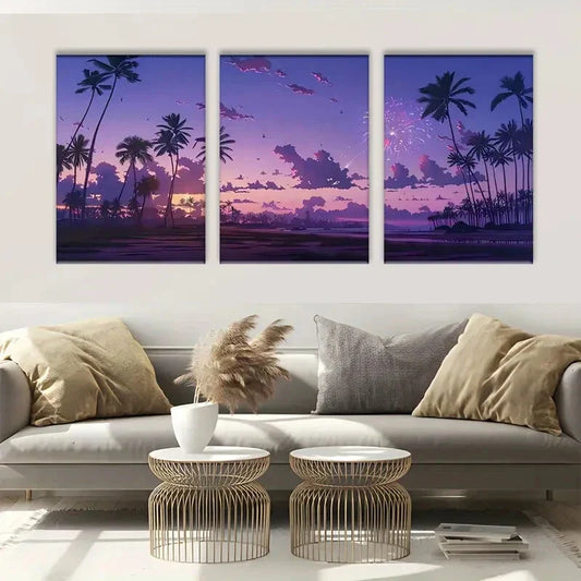 3pcs Tropical Night Sky Fireworks and Coconut Tree Metal Print Ready to Hang Art