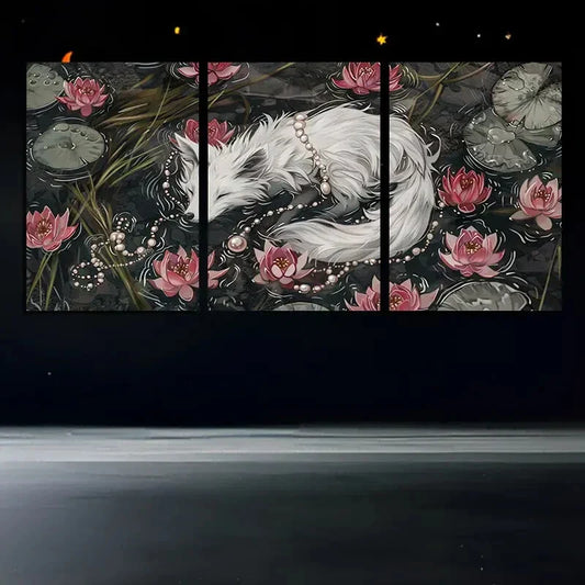 3pcs Elegant White Fox Nature Rose Flowers Metal Print Ready to Hang Art