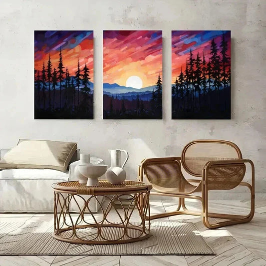 3pcs Sunset Through Colorful Mountain Landscape Wall Art Set Canvas Framed 40x60cm - High Quality Print 100% Australian Made Wall Canvas Ready to Hang
