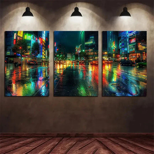 3pcs City Street Night View Modern Metal Print Ready to Hang Art