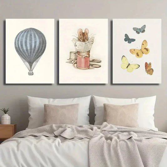 3pcs Vintage Butterfly Hot Air Balloon and Pastel Metal Print Ready to Hang Art