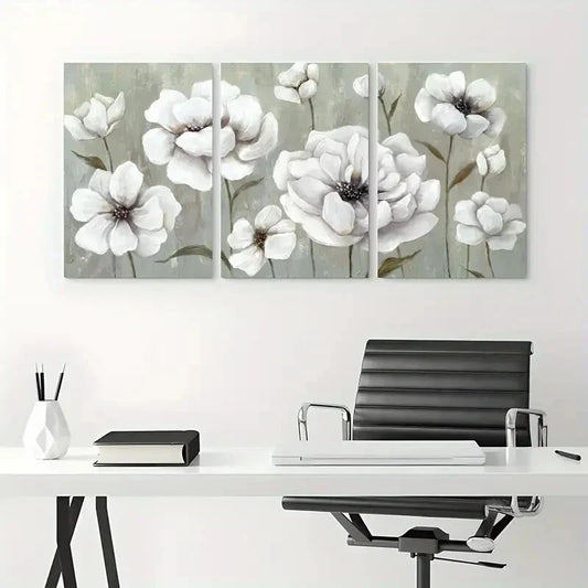 3pcs White Floral Elegant Beautiful Metal Print Ready to Hang Art