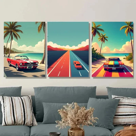 3pcs Vintage Car Coastal Road Beach Palm Trees Wall Art Set Canvas Framed 40x60cm - High Quality Print 100% Australian Made Wall Canvas Ready to Hang