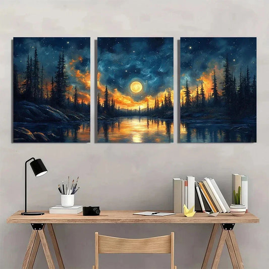3pcs Night Moonlit Palm Trees Full Moon Metal Print Ready to Hang Art
