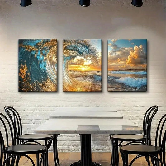 3pcs Sea Sunset Surfing Beach Scene Perfect Wall Art Set Canvas Framed 40x60cm - High Quality Print 100% Australian Made Wall Canvas Ready to Hang