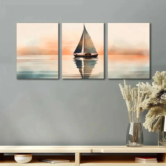 3pcs Lake Sunset Sail Boat Painting Metal Print Ready to Hang Art