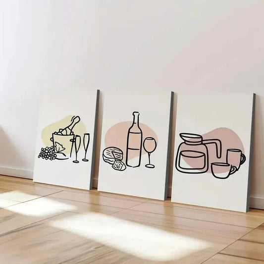 3pcs Line Art Trendy Bar Wine Bottle and Cheese Wall Art Set Canvas Framed 40x60cm - High Quality Print 100% Australian Made Wall Canvas Ready to Hang