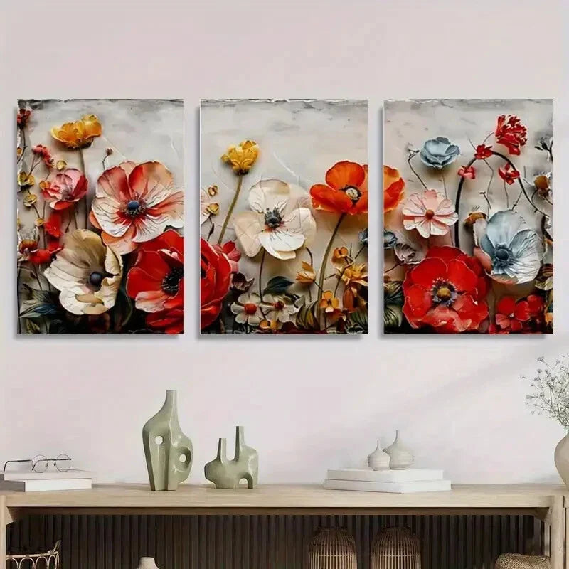 3pcs Vibrant Red, White, and Blue Flowers Metal Print Ready to Hang Art