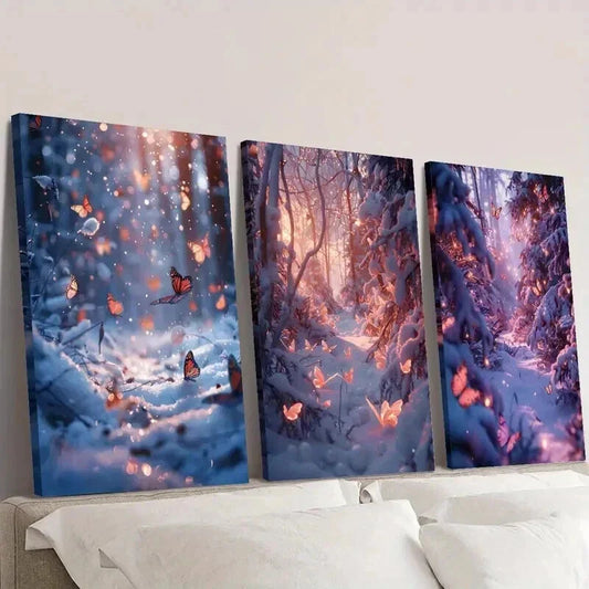 3pcs Glittering Winter Butterfly Snow Forest Wall Art Set Canvas Framed 40x60cm - High Quality Print 100% Australian Made Wall Canvas Ready to Hang
