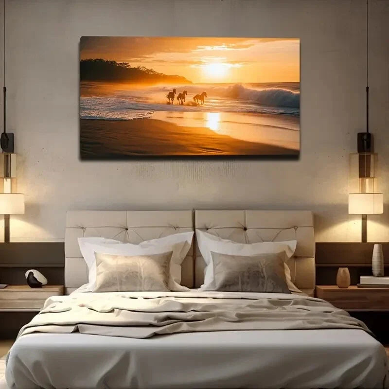 Serene Beach Sunset Scene Wall Art canvas office home room framed 120x60cm