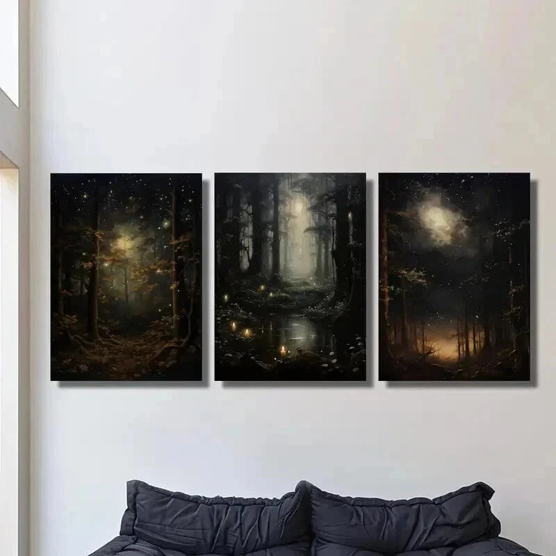 3pcs Gothic Night Sky & Mysterious Woodland Wall Art Set Canvas Framed 40x60cm - High Quality Print 100% Australian Made Wall Canvas Ready to Hang