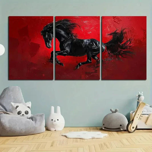 3pcs Black & Red Black Running Horse Metal Print Ready to Hang Art