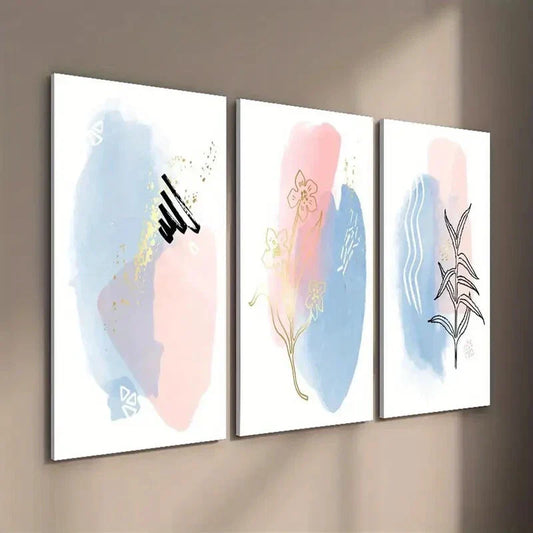 3pcs Blue and Pink Simple Line Botanical Floral Wall Art Set Canvas Framed 40x60cm - High Quality Print 100% Australian Made Wall Canvas Ready to Hang