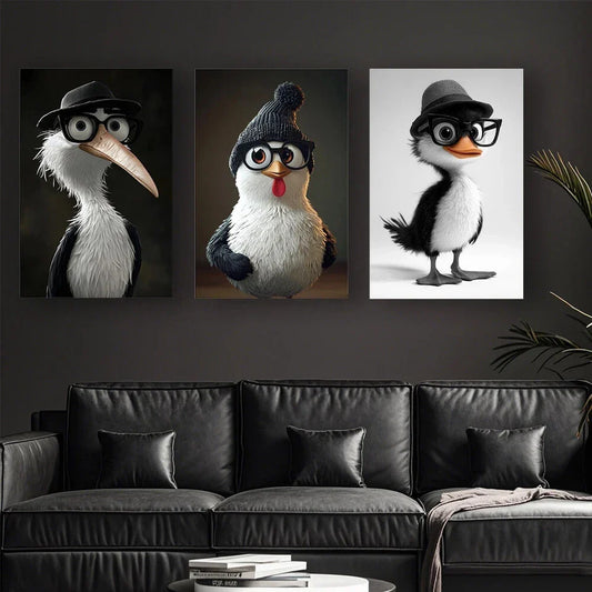 3pcs Black And White Animal with Glasses Metal Print Ready to Hang Art