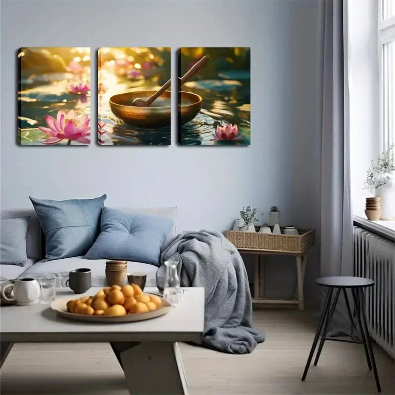 3pcs Golden Bowl and Wooden Spoon on Water Wall Art Set Canvas Framed 40x60cm - High Quality Print 100% Australian Made Wall Canvas Ready to Hang