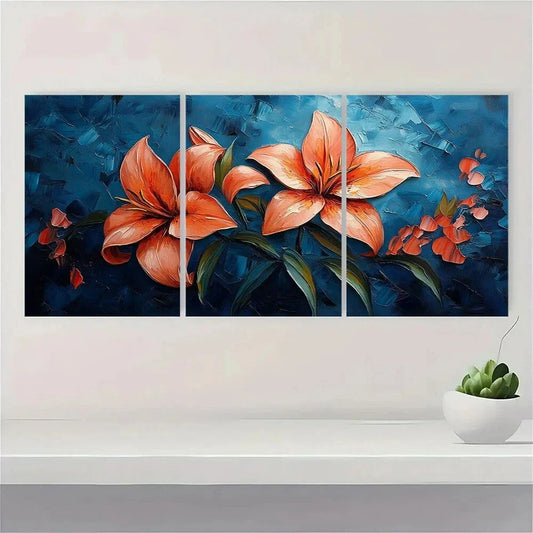 3pcs Lily Flower Colourful Green Leaves Metal Print Ready to Hang Art
