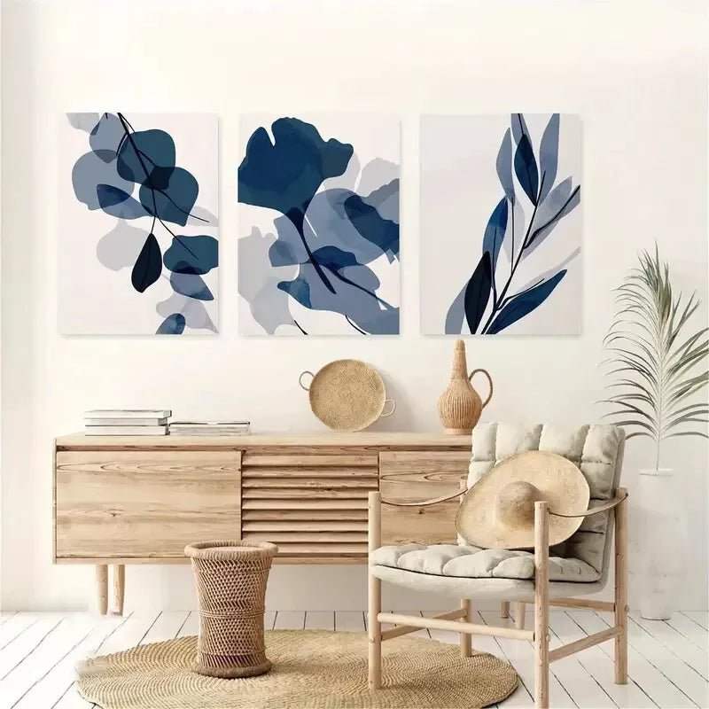 3pcs Navy Blue Abstract Botanical Aesthetic Wall Art Set Canvas Framed 40x60cm - High Quality Print 100% Australian Made Wall Canvas Ready to Hang