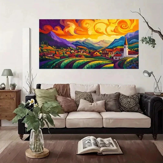 Vibrant Village Landscape Wall Art Canvas Office Home Room Framed 80x45cm